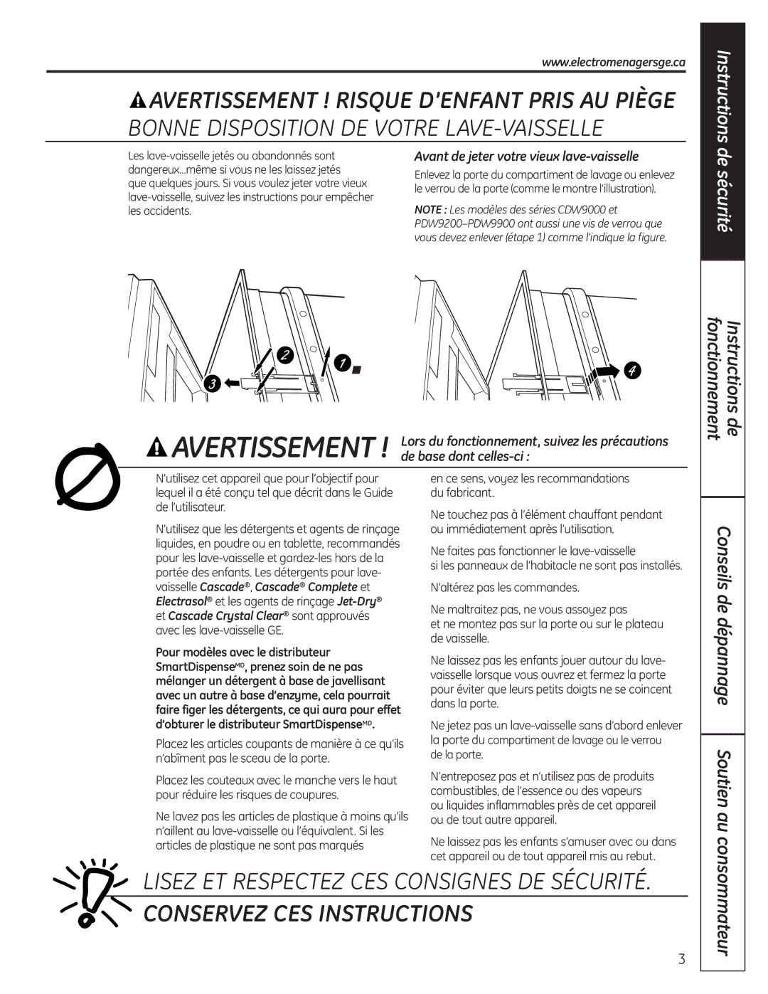 GE 165D4700P381 owner manual Conseils de dépannage Soutien au, Avant de jeter votre vieux lave-vaisselle 