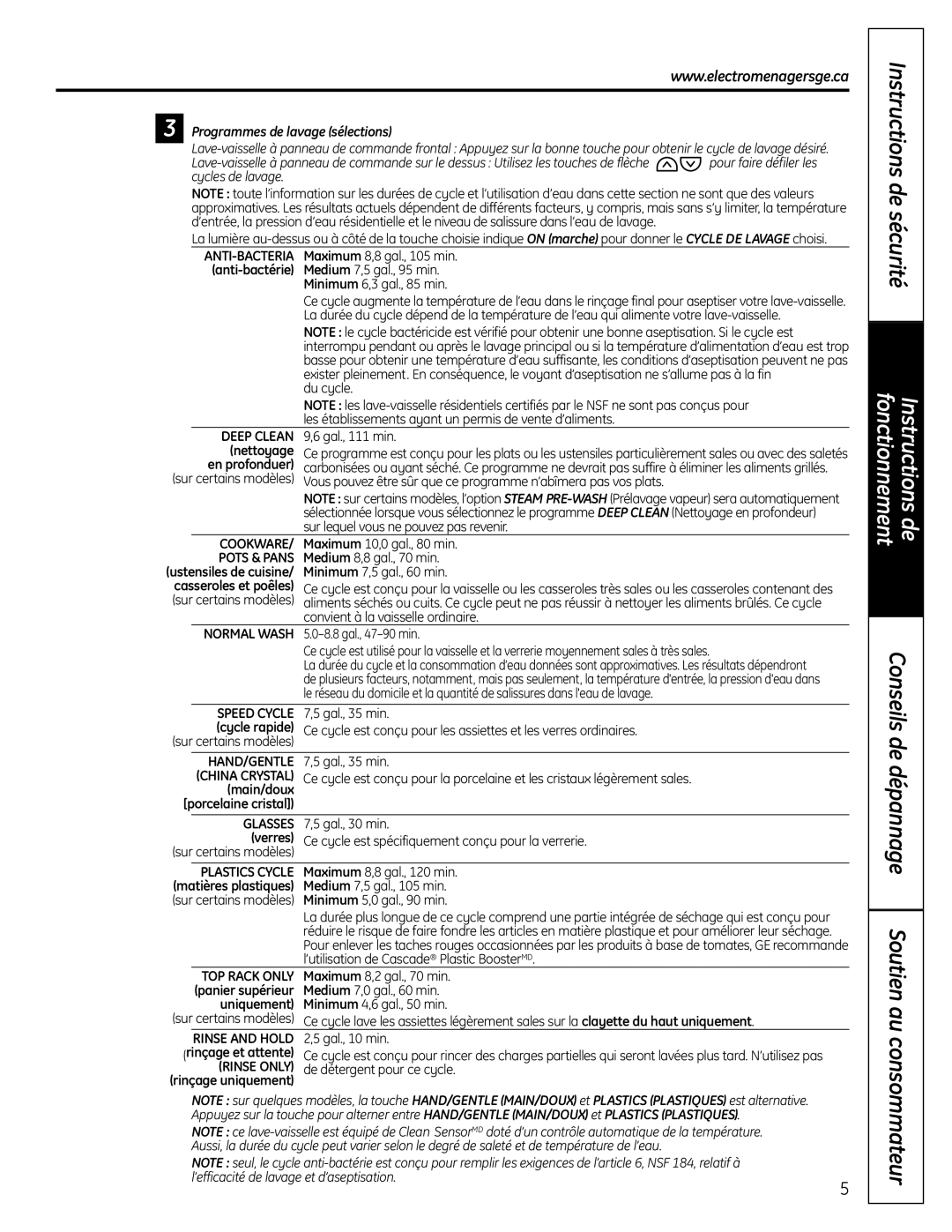 GE 165D4700P381 owner manual Conseils de dépannage Soutien au consommateur, Programmes de lavage sélections 