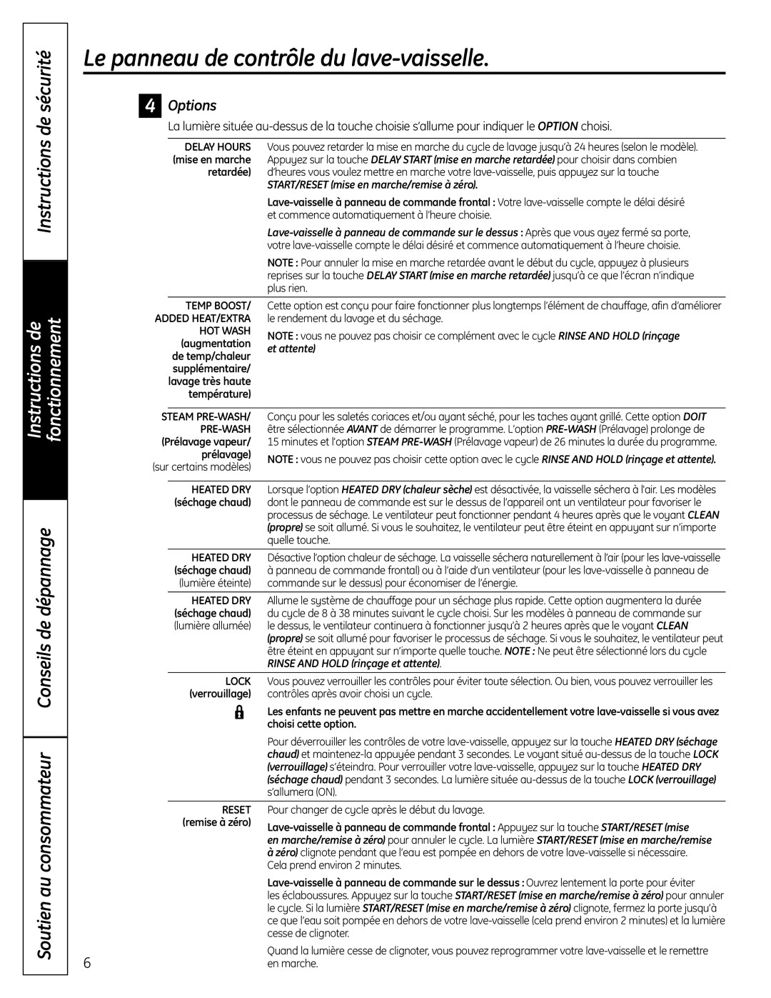 GE 165D4700P381 Options, START/RESET mise en marche/remise à zéro, Et attente, Rinse and Hold rinçage et attente 