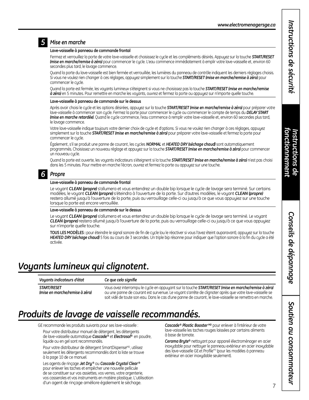 GE 165D4700P381 Voyants lumineux qui clignotent, Produits de lavage de vaisselle recommandés, Au consommateur, Propre 