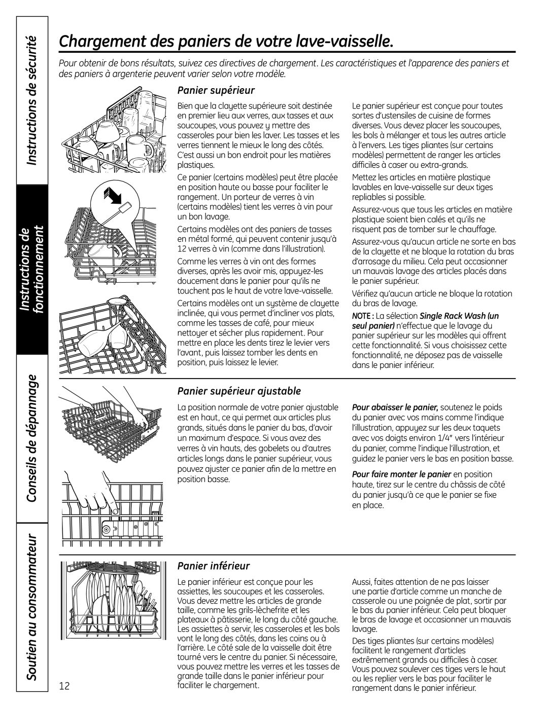 GE 165D4700P381 Chargement des paniers de votre lave-vaisselle, Sécurité, Panier supérieur ajustable, Panier inférieur 