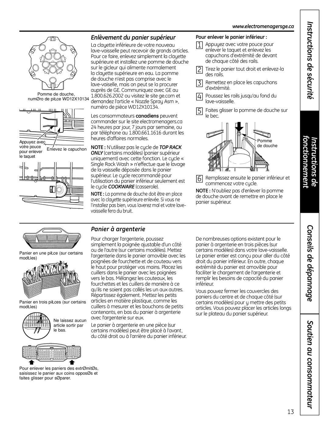 GE 165D4700P381 owner manual Consommateur, Enlèvement du panier supérieur, Panier à argenterie 