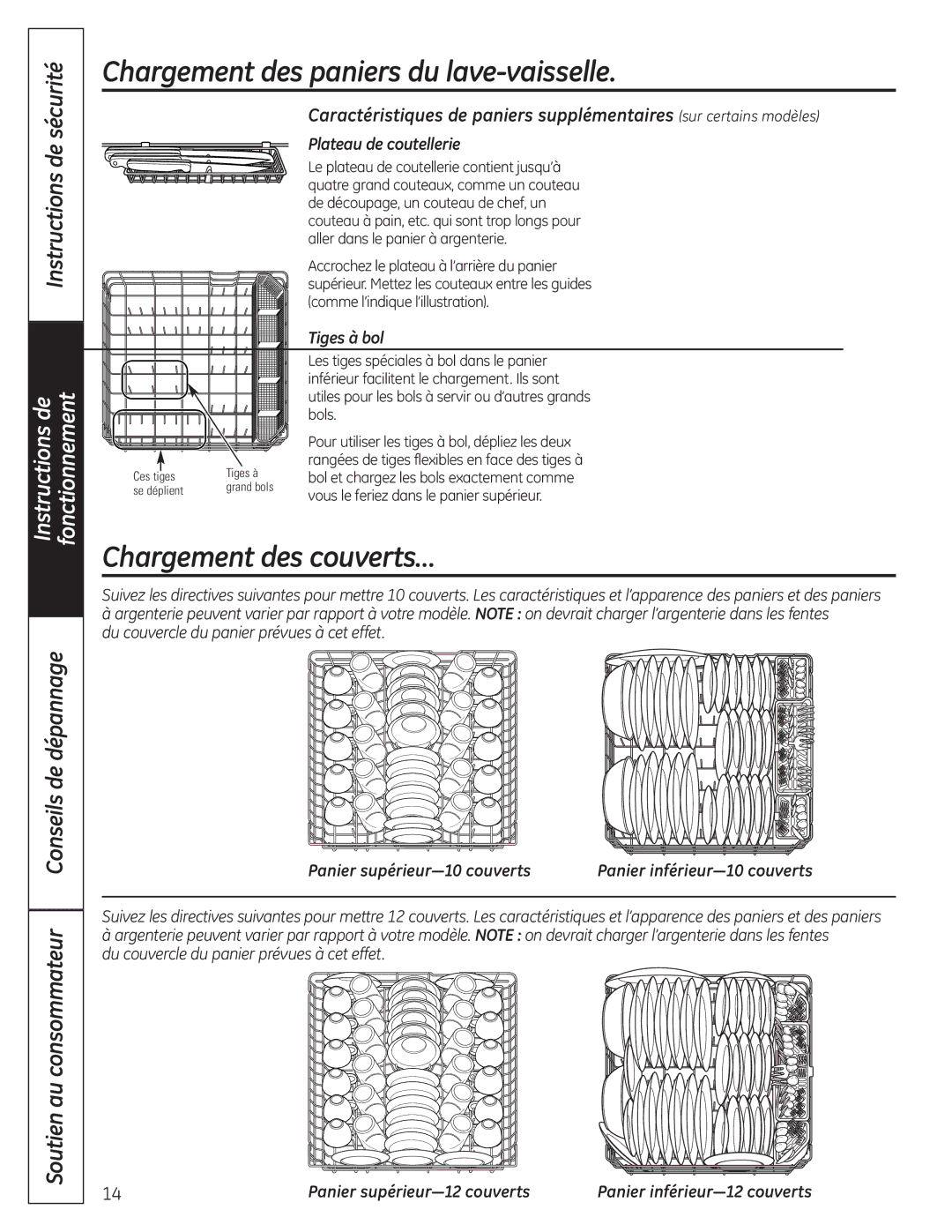 GE 165D4700P381 owner manual Chargement des paniers du lave-vaisselle, Chargement des couverts… 