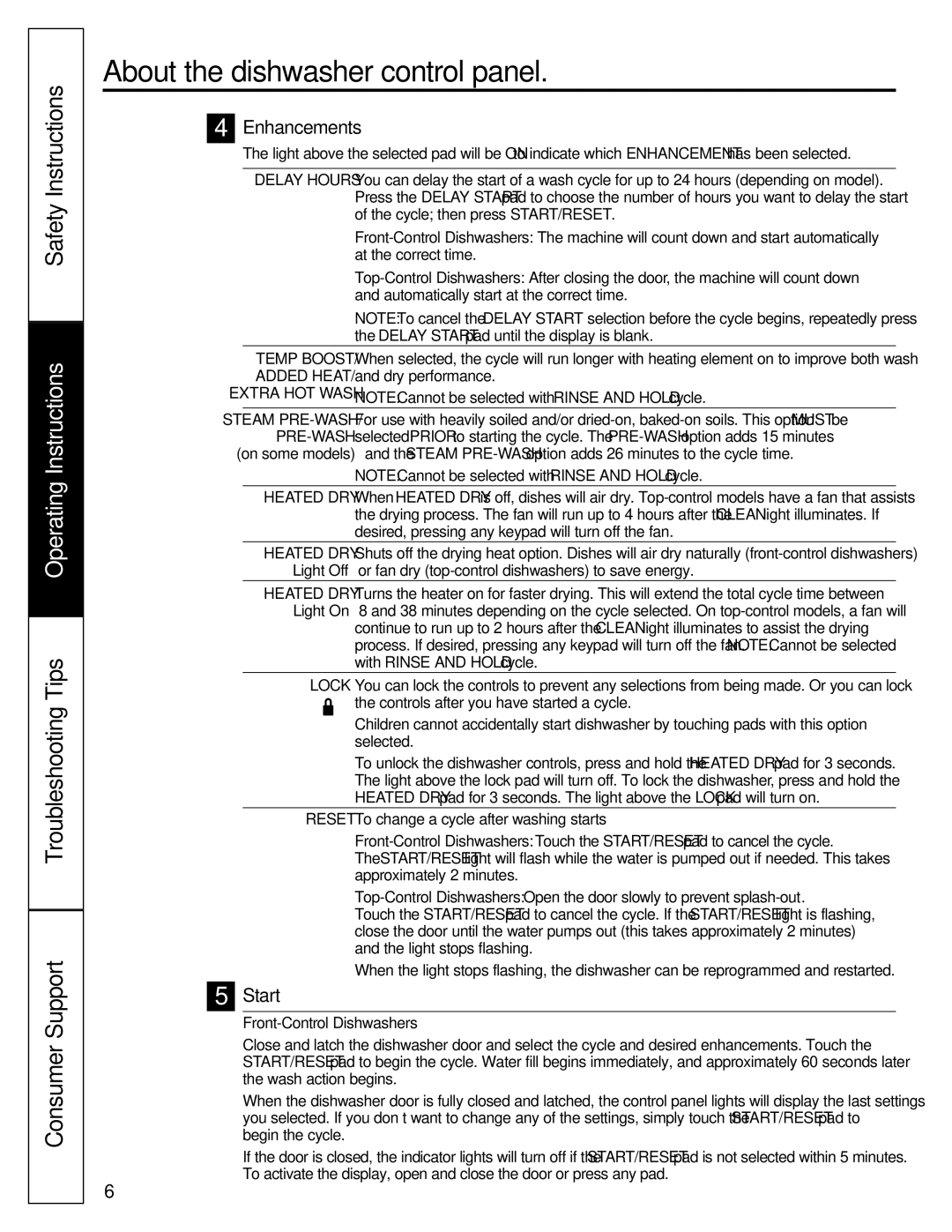 GE 165D4700P381 owner manual Enhancements, Start, Front-Control Dishwashers 