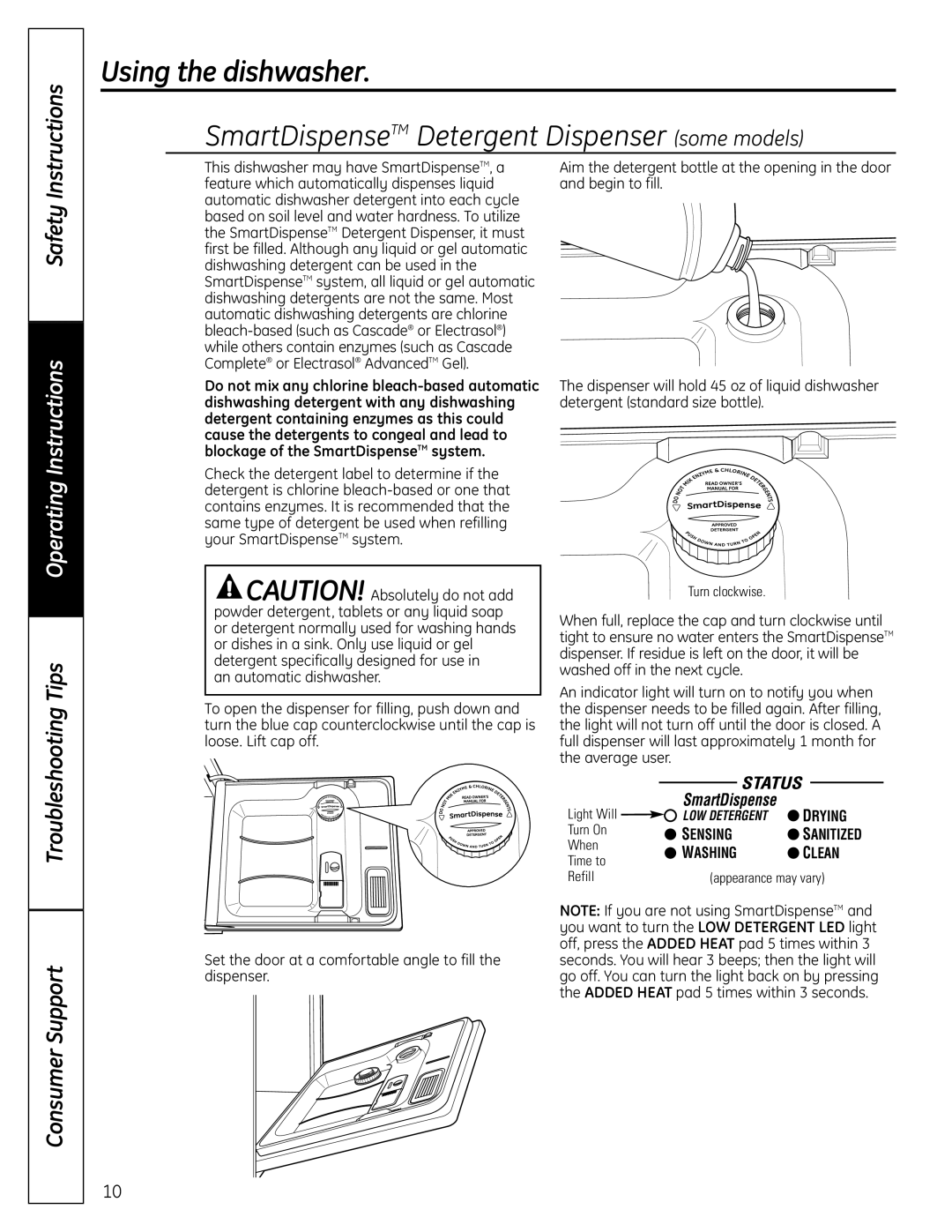 GE 165D4700P381 SmartDispenseTM Detergent Dispenser some models, Using the dishwasher, Instructions, Safety, Drying, Clean 