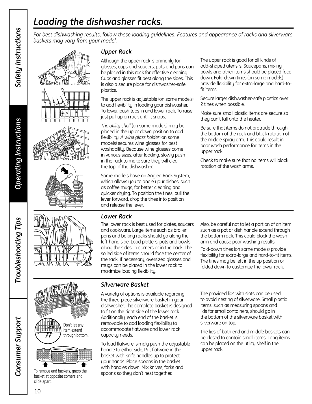 GE 165D4700P382 owner manual Loading the dishwasher racks, Upper Rack, Lower Rack, Silverware Basket 