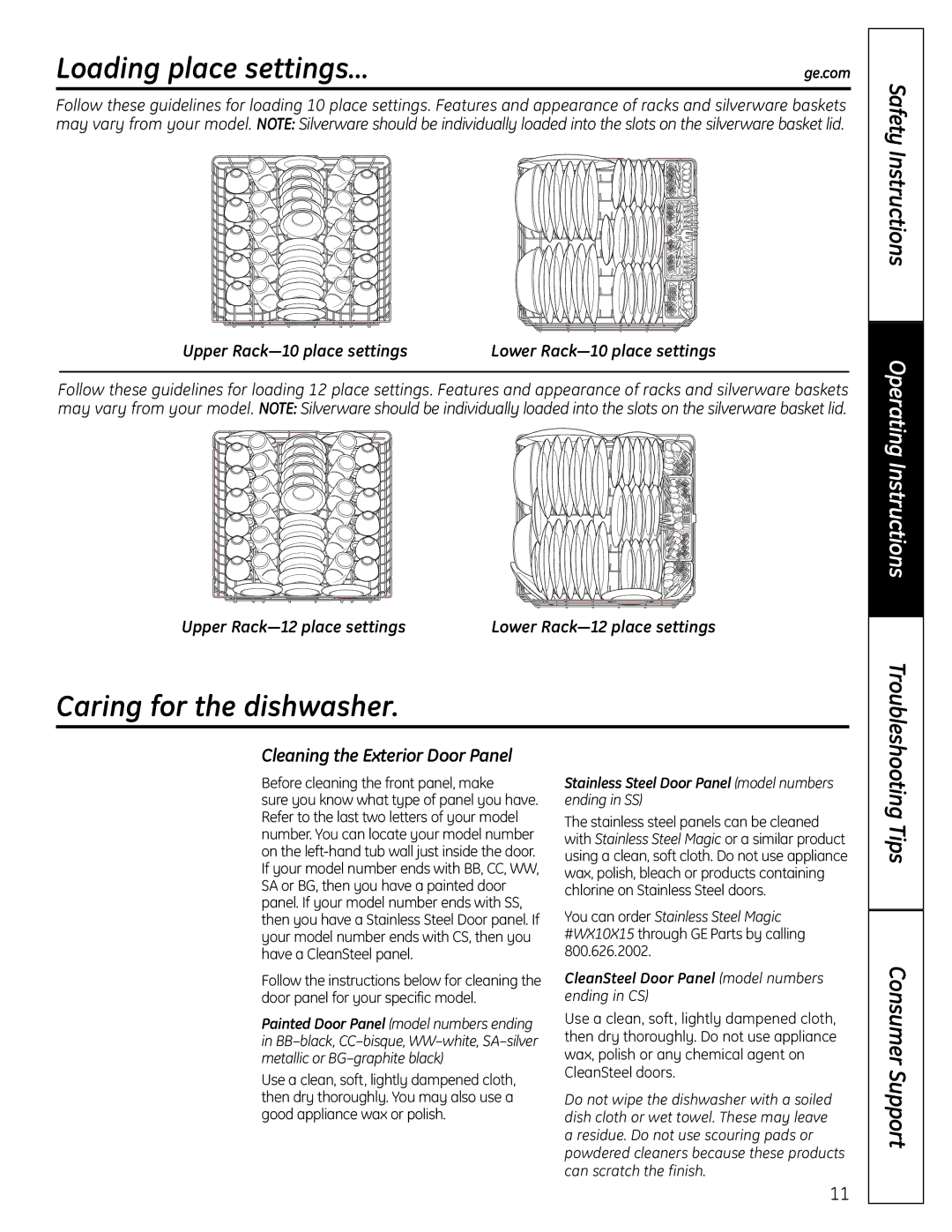 GE 165D4700P382 owner manual Loading place settings…, Caring for the dishwasher, Tips Consumer Support 