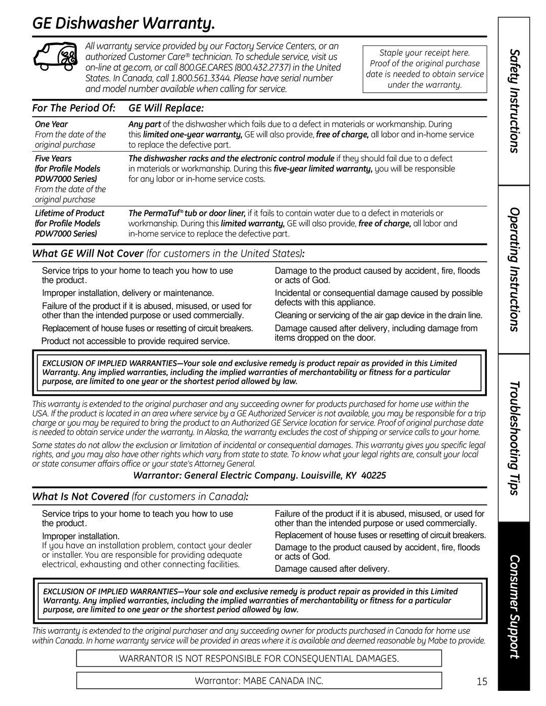 GE 165D4700P382 GE Dishwasher Warranty, For The Period GE Will Replace, Warrantor General Electric Company. Louisville, KY 