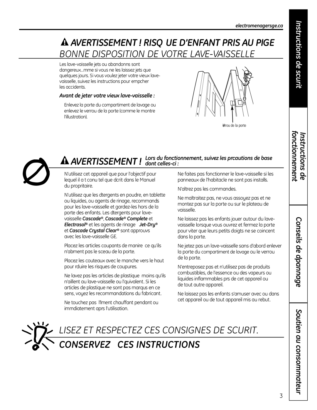 GE 165D4700P382 owner manual Au consommateur, Avant de jeter votre vieux lave-vaisselle, Electromenagersge.ca 