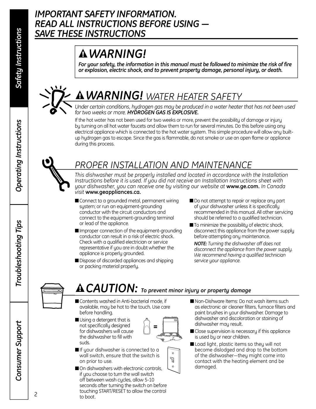 GE 165D4700P382 Operating Instructions, Troubleshooting Tips, Consumer Support, On dishwashers with electronic controls 