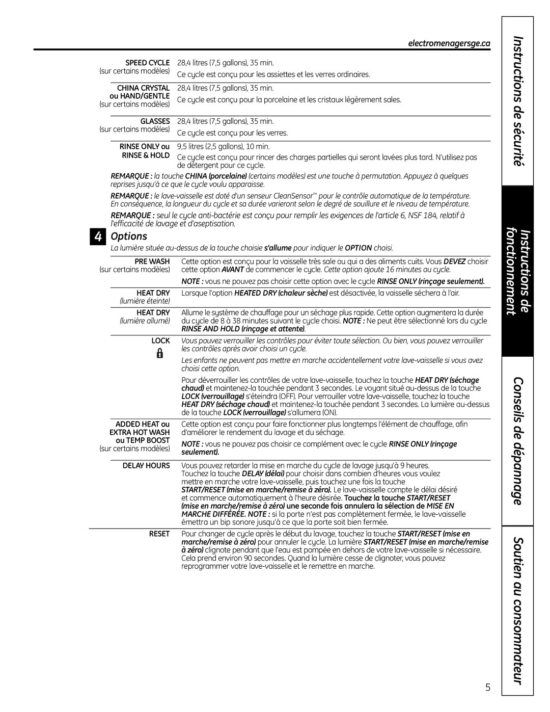 GE 165D4700P382 owner manual Instructions de sécurité, Conseils de dépannage Soutien au consommateur, Options, Seulement 