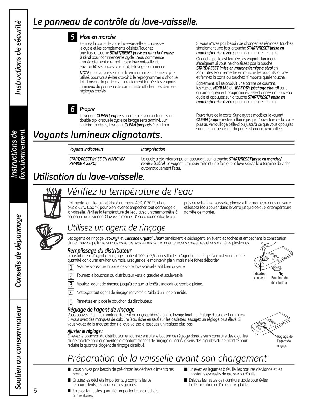 GE 165D4700P382 owner manual Voyants lumineux clignotants, Utilisation du lave-vaisselle, Vérifiez la température de l’eau 