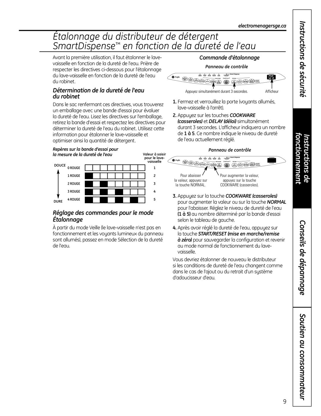 GE 165D4700P382 owner manual Détermination de la dureté de l’eau du robinet, Réglage des commandes pour le mode Étalonnage 