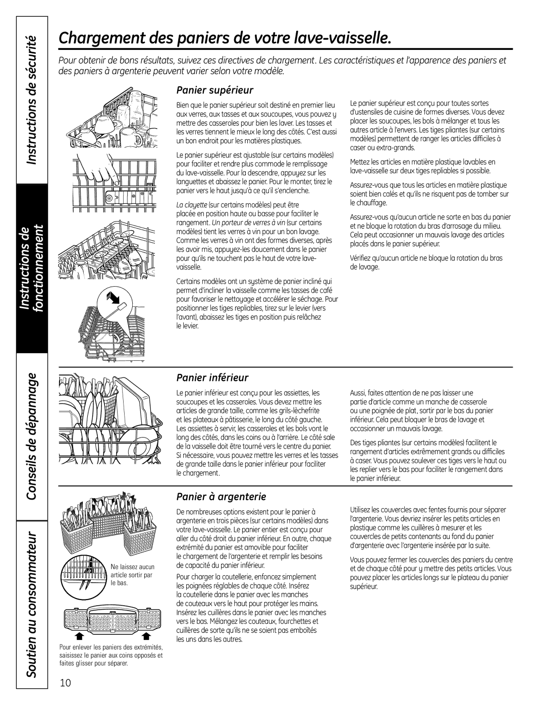 GE 165D4700P382 owner manual Chargement des paniers de votre lave-vaisselle, Sécuritéde, Panier supérieur, Panier inférieur 