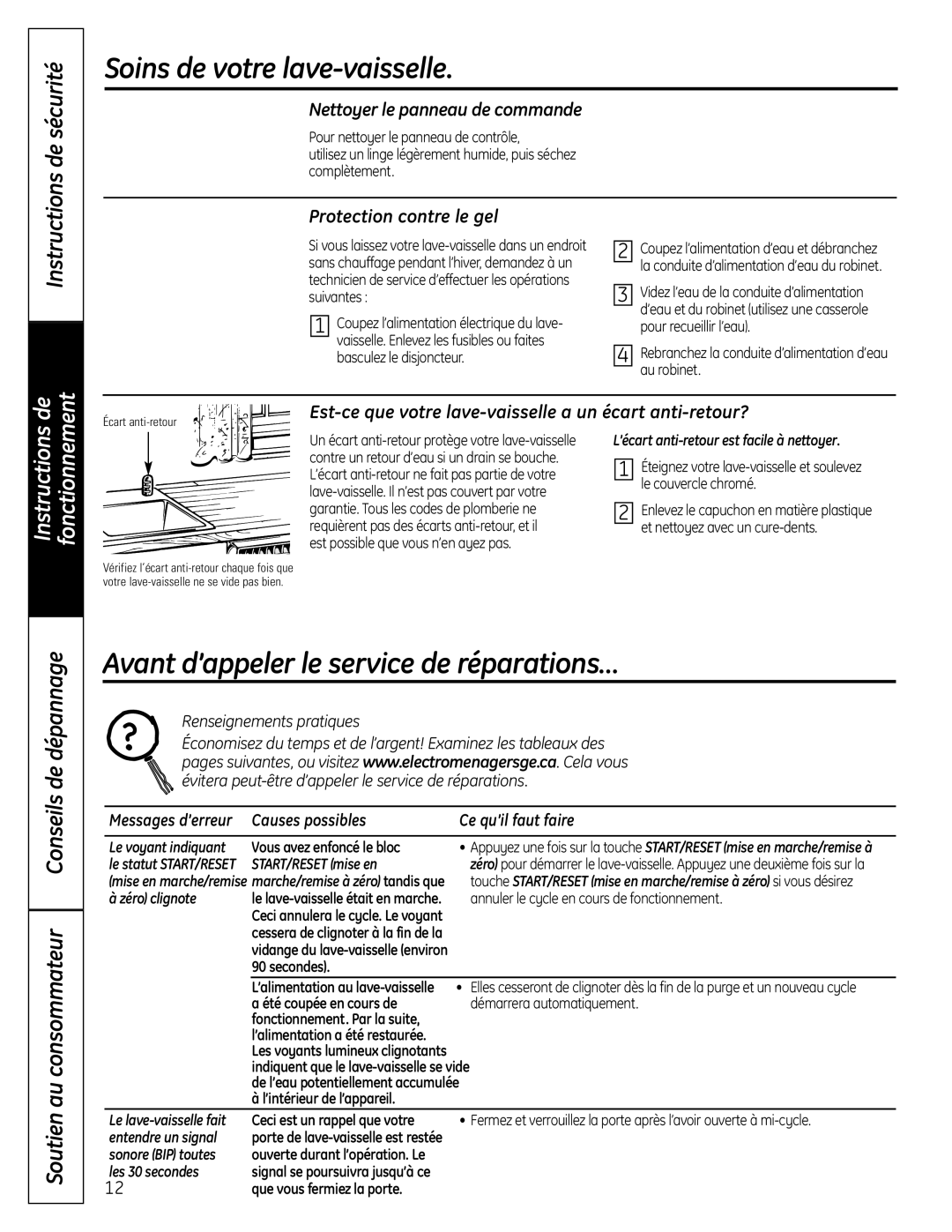 GE 165D4700P382 Avant d’appeler le service de réparations…, Nettoyer le panneau de commande, Protection contre le gel 