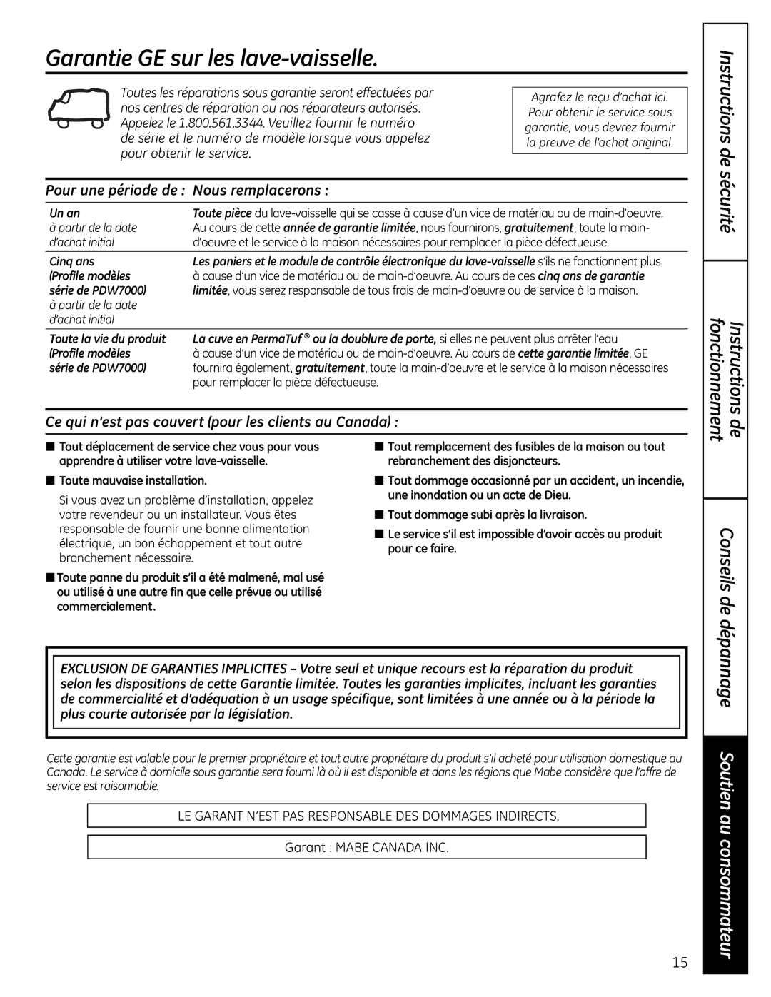 GE 165D4700P382 owner manual Garantie GE sur les lave-vaisselle, Conseils de, Pour une période de Nous remplacerons 