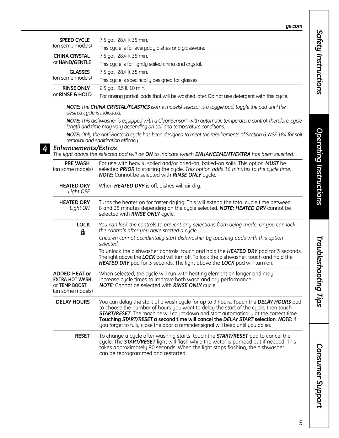 GE 165D4700P382 owner manual Safety Instructions, Enhancements/Extras, Or HAND/GENTLE, Or Rinse & Hold 