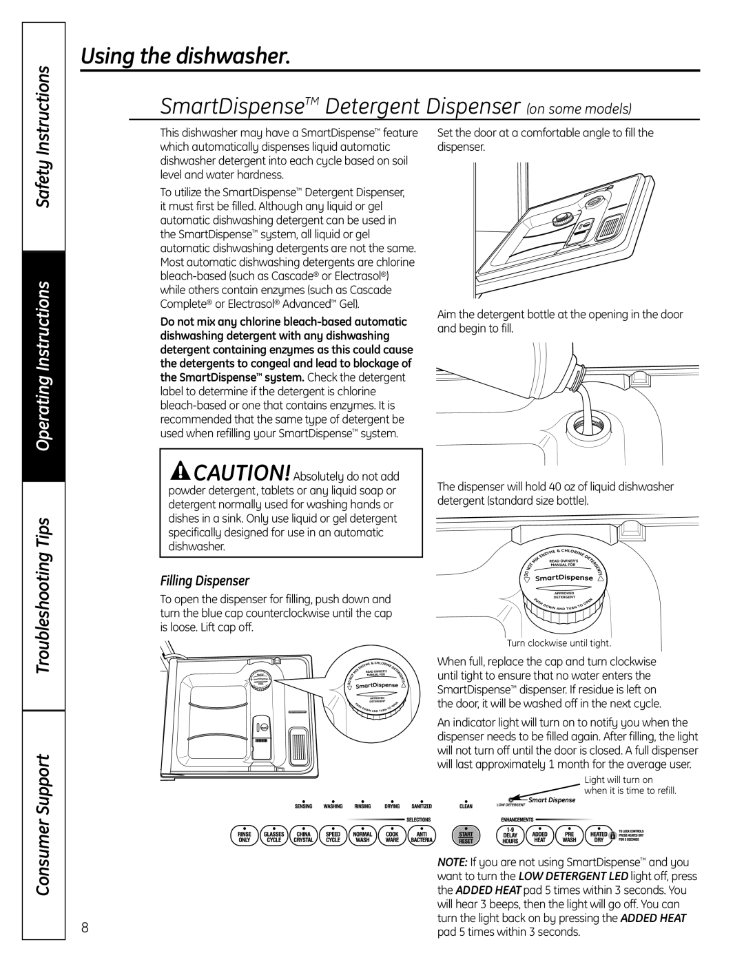 GE 165D4700P382 owner manual SmartDispenseTM Detergent Dispenser on some models, Filling Dispenser 