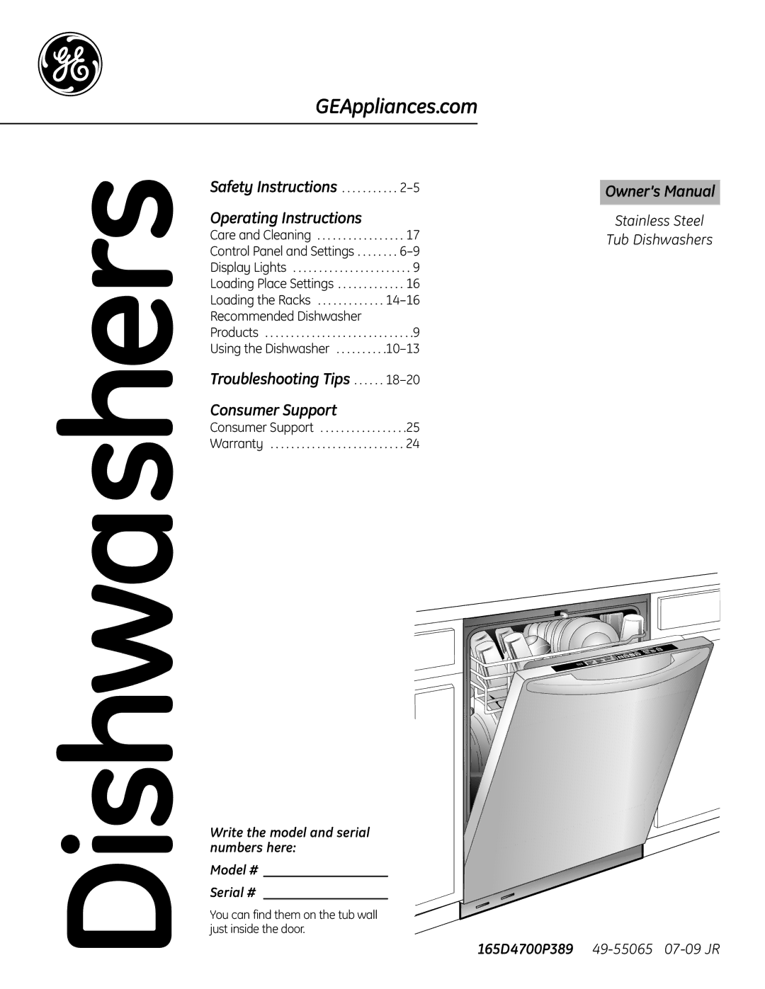 GE 165D4700P389 49-55065 07-09 JR owner manual Operating Instructions, Troubleshooting Tips Consumer Support 