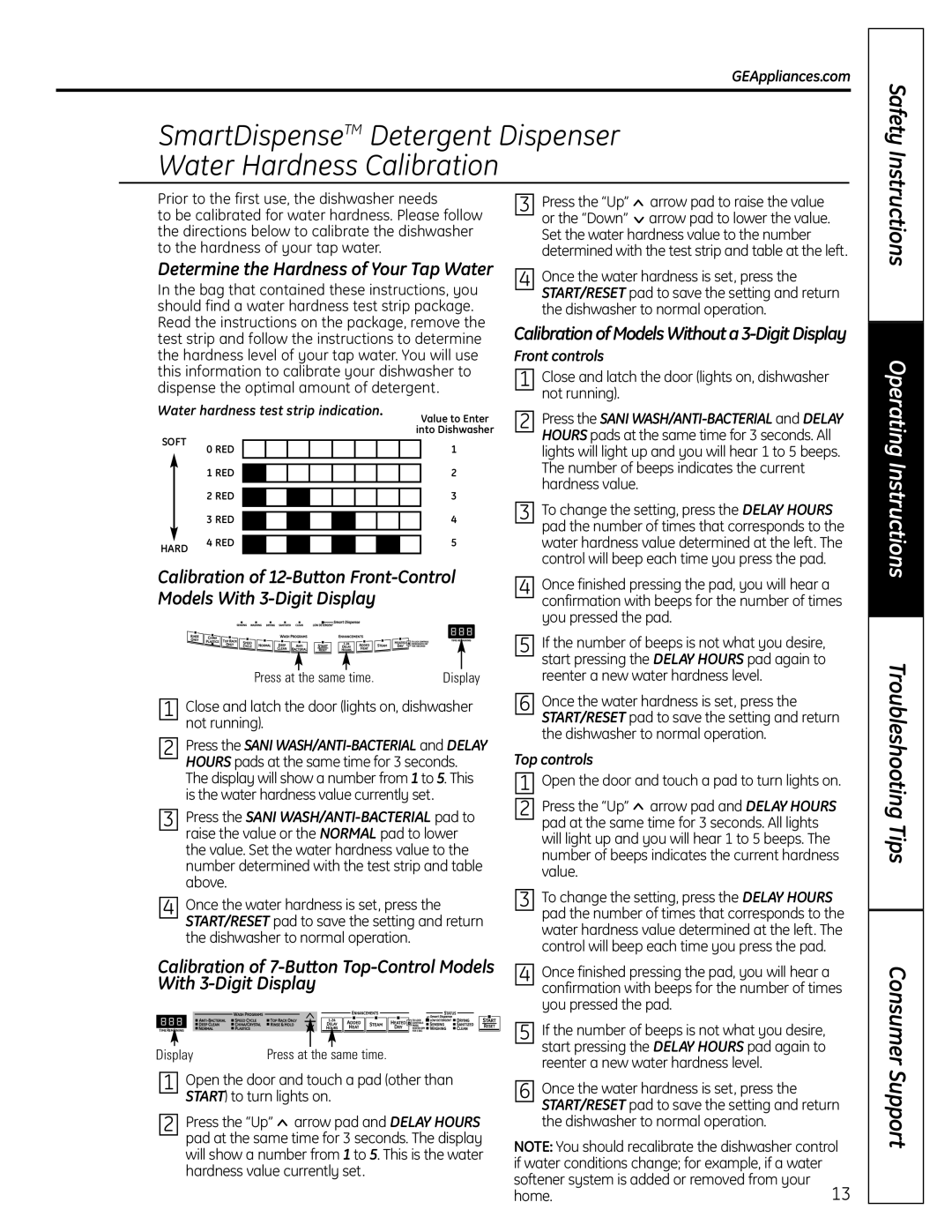 GE 165D4700P389 49-55065 07-09 JR Safety Instructions, Determine the Hardness of Your Tap Water, Front controls 