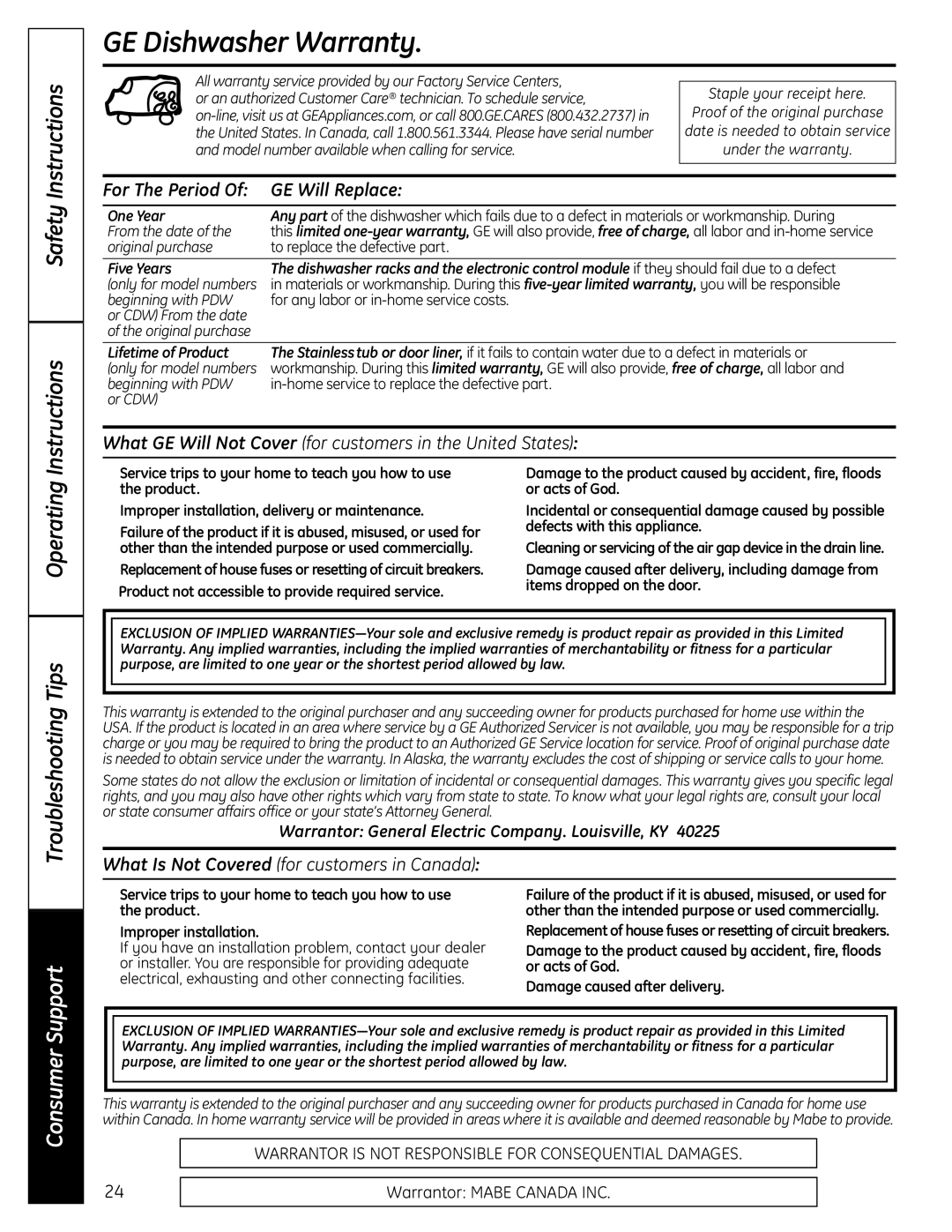 GE 165D4700P389 49-55065 07-09 JR owner manual GE Dishwasher Warranty, For The Period GE Will Replace 