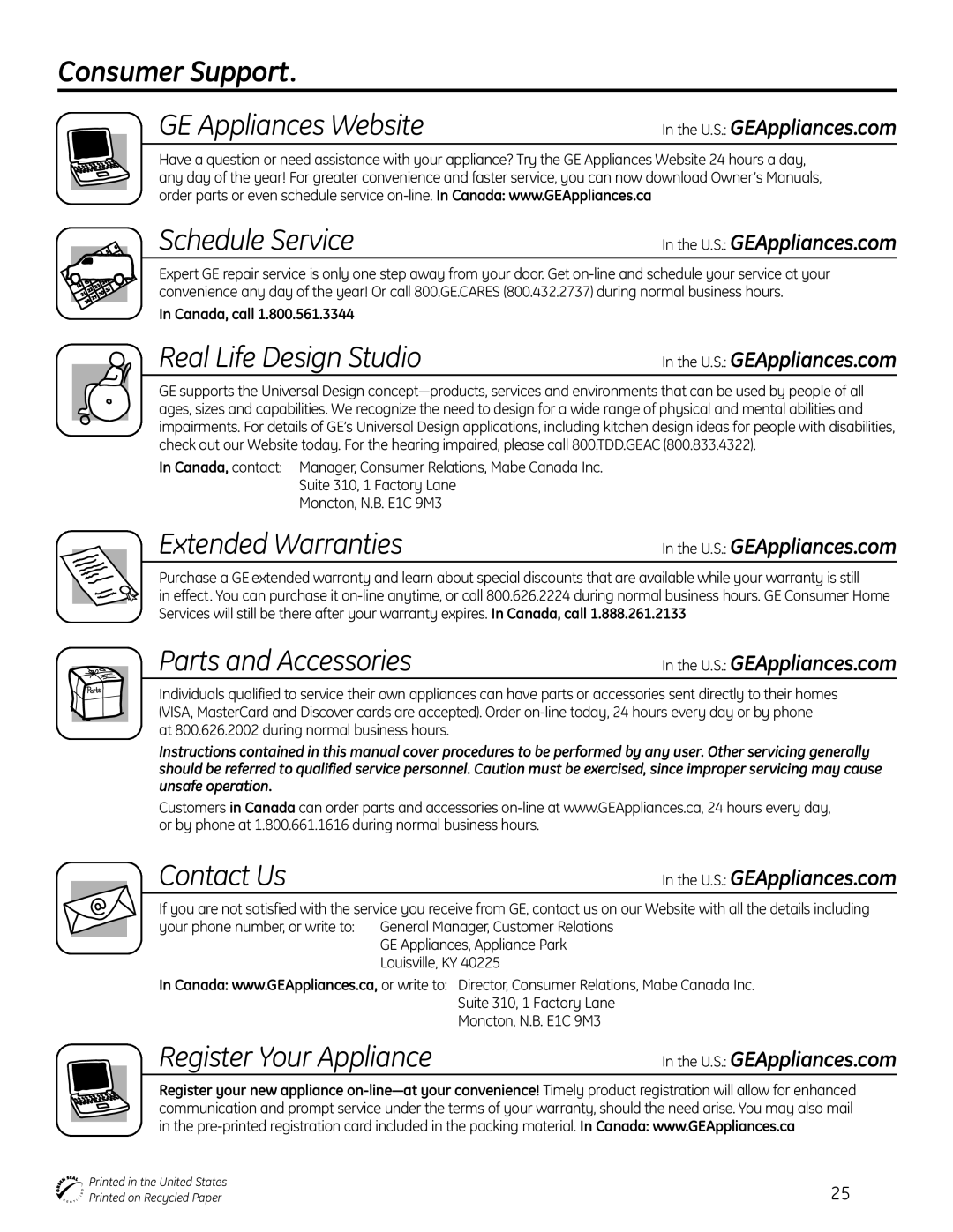 GE 165D4700P389 49-55065 07-09 JR owner manual Consumer Support 