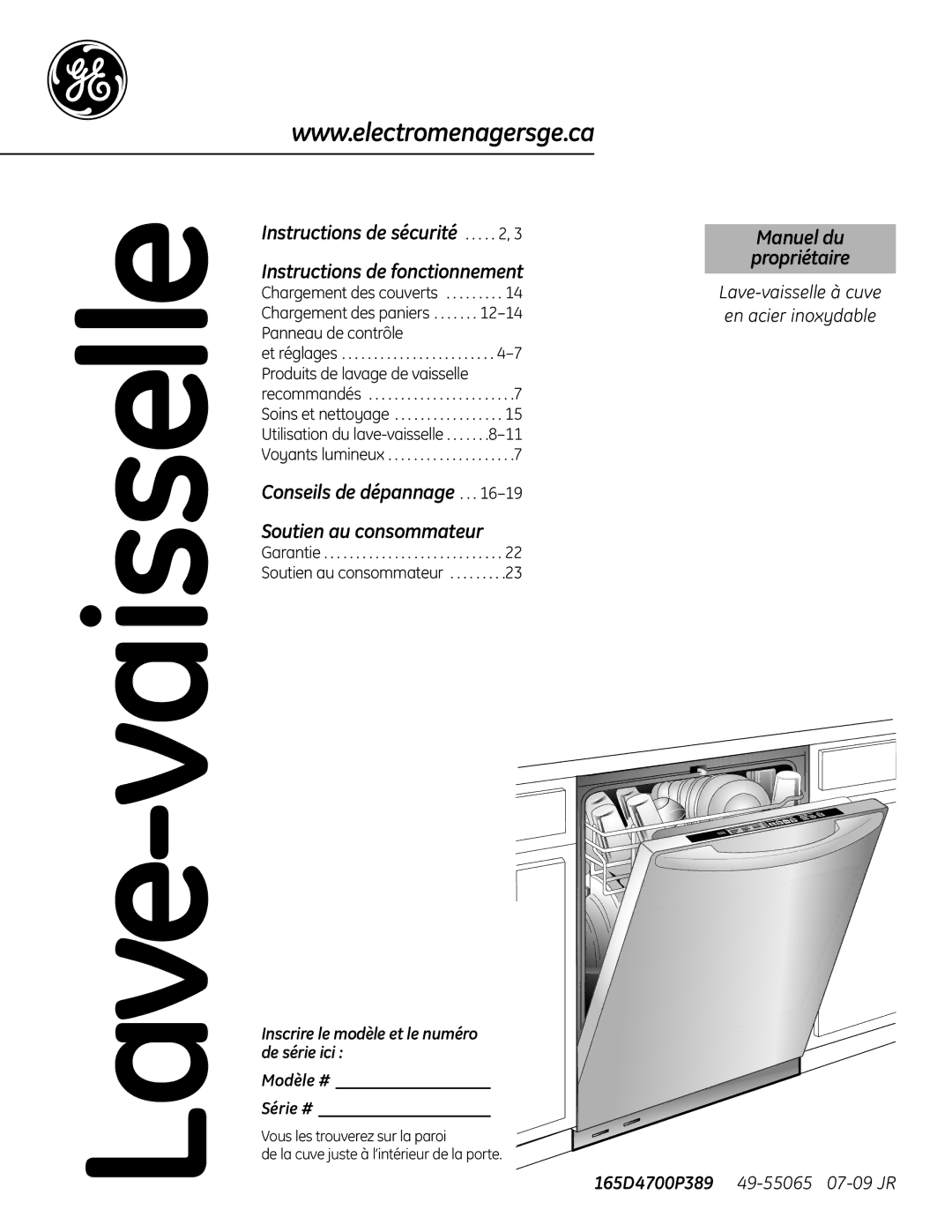 GE 165D4700P389 49-55065 07-09 JR Instructions de sécurité Instructions de fonctionnement, Manuel du Propriétaire 