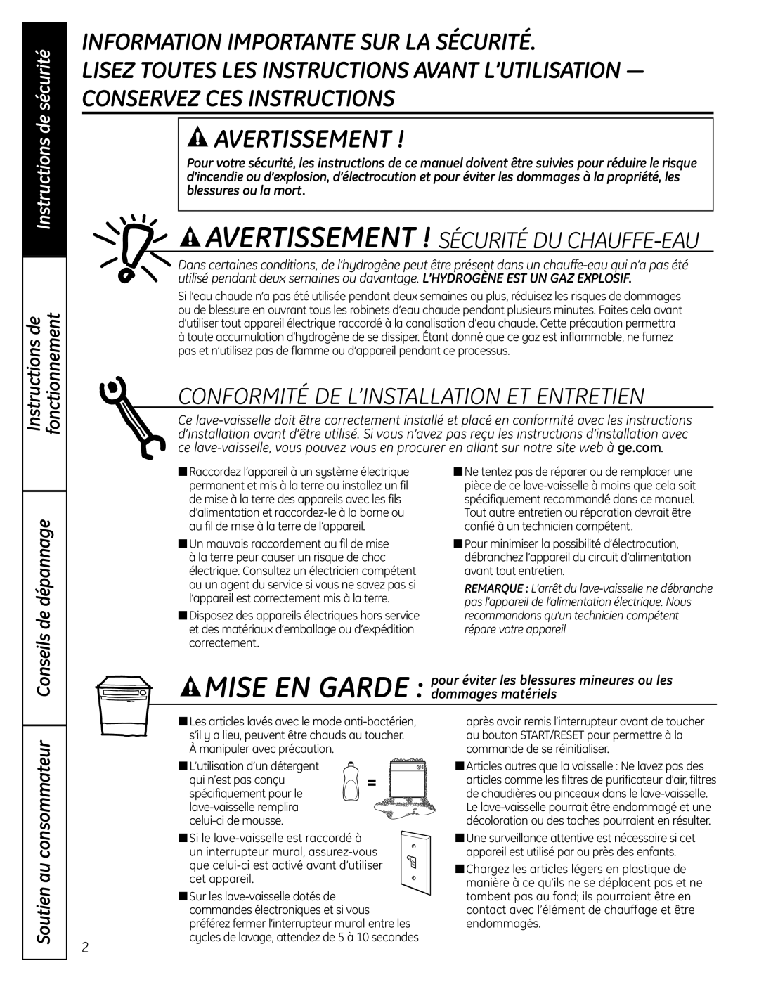 GE 165D4700P389 49-55065 07-09 JR owner manual Conformité DE L’INSTALLATION ET Entretien, Instructions de Fonctionnement 