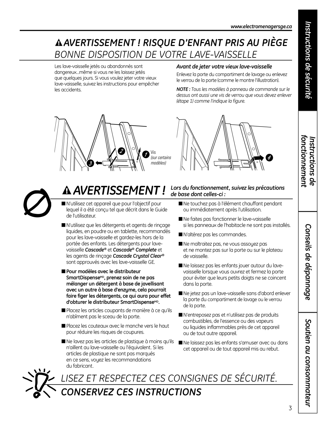 GE 165D4700P389 49-55065 07-09 JR owner manual Bonne Disposition DE Votre LAVE-VAISSELLE, Conseils de dépannage Soutien au 