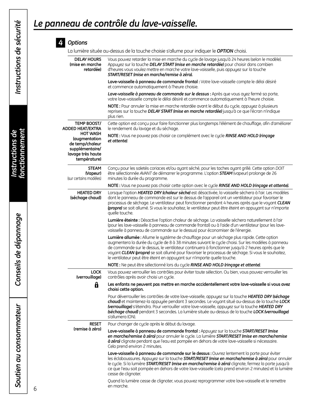 GE 165D4700P389 49-55065 07-09 JR owner manual Options, START/RESET mise en marche/remise à zéro, Et attente 