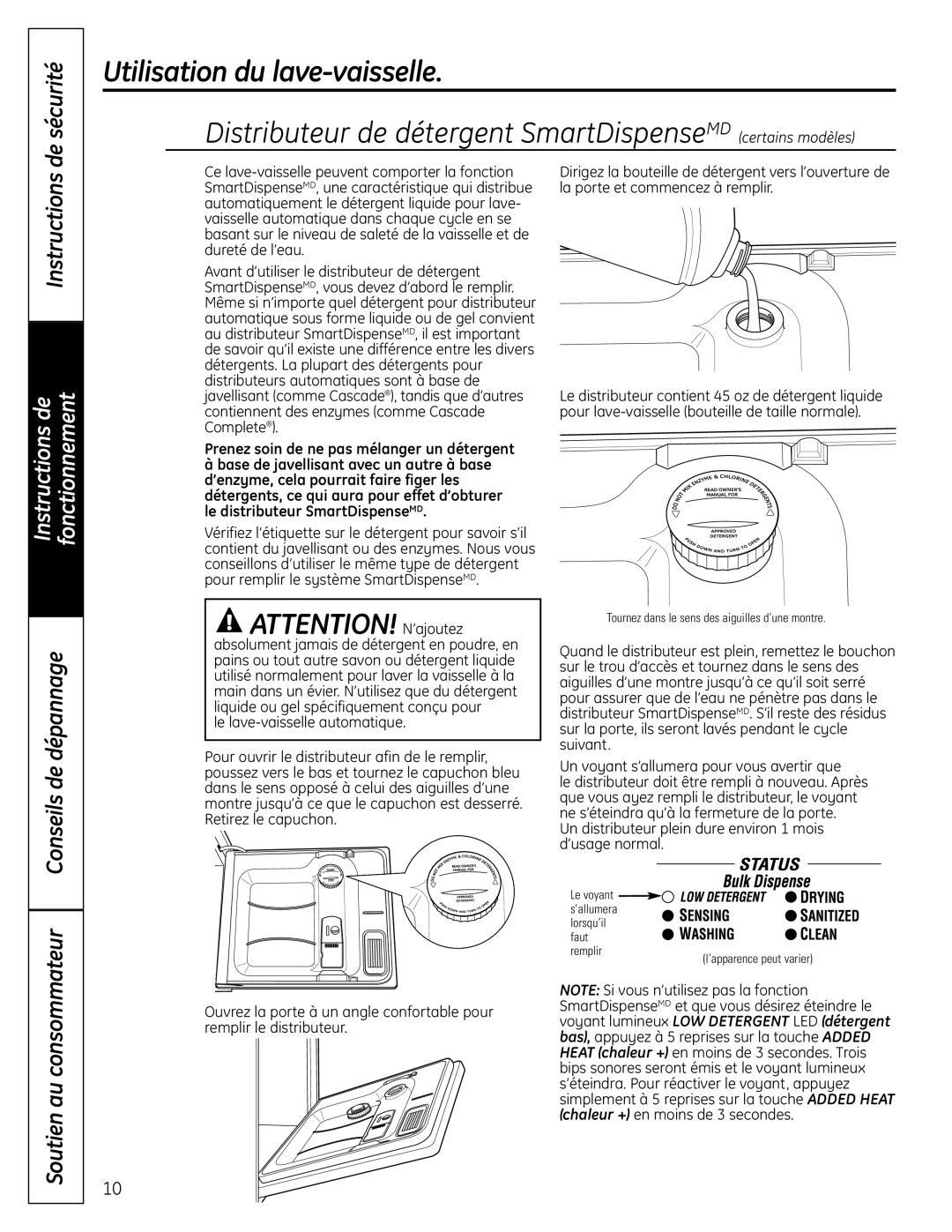 GE 165D4700P389 49-55065 07-09 JR owner manual Distributeur de détergent SmartDispenseMD certains modèles 