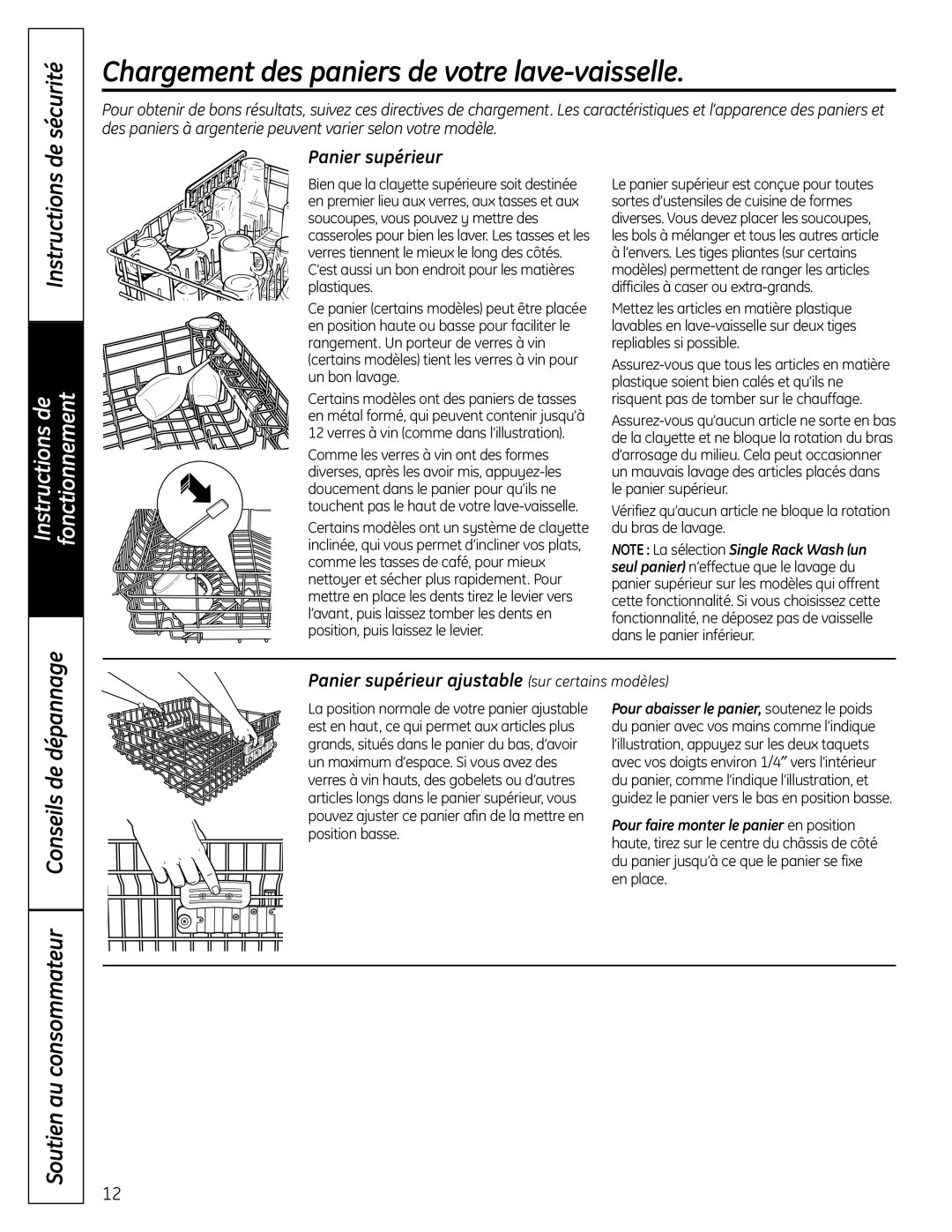 GE 165D4700P389 49-55065 07-09 JR owner manual Chargement des paniers de votre lave-vaisselle, Sécurité, Instructions de 