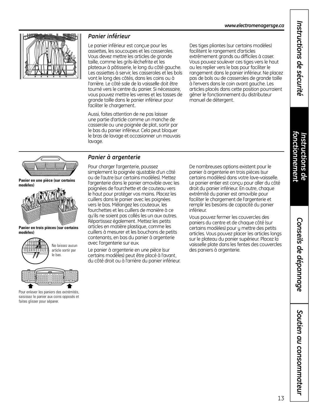 GE 165D4700P389 49-55065 07-09 JR owner manual Conseils de dépannage, Panier inférieur, Panier à argenterie 