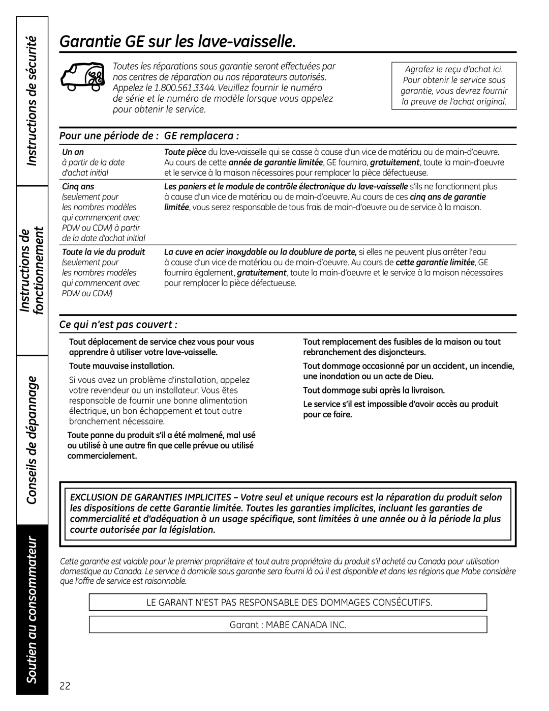 GE 165D4700P389 49-55065 07-09 JR owner manual Garantie GE sur les lave-vaisselle, Instructions de sécurité Fonctionnement 