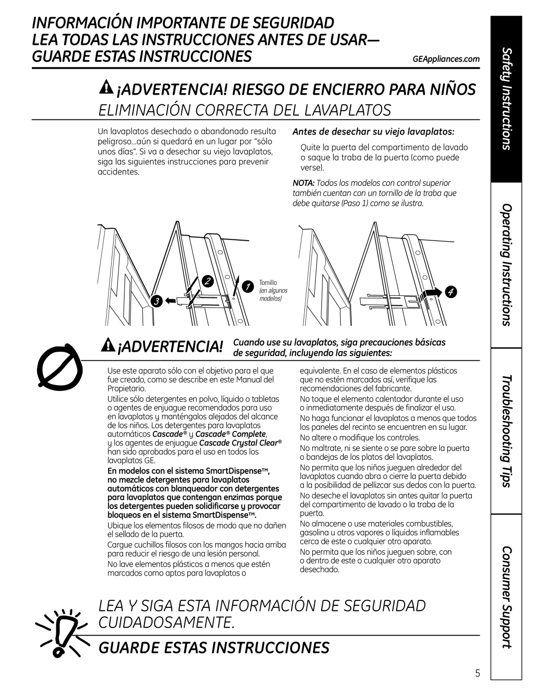 GE 165D4700P389 49-55065 07-09 JR owner manual Eliminación Correcta DEL Lavaplatos, Operating, Instructions, Support 