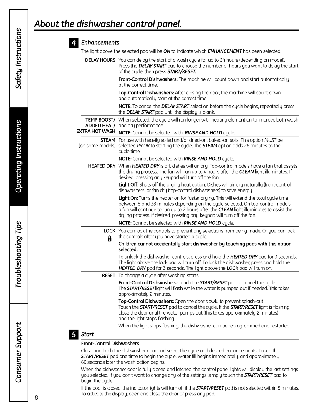 GE 165D4700P389 49-55065 07-09 JR Troubleshooting Tips Support, Consumer, Enhancements, Start, Front-Control Dishwashers 