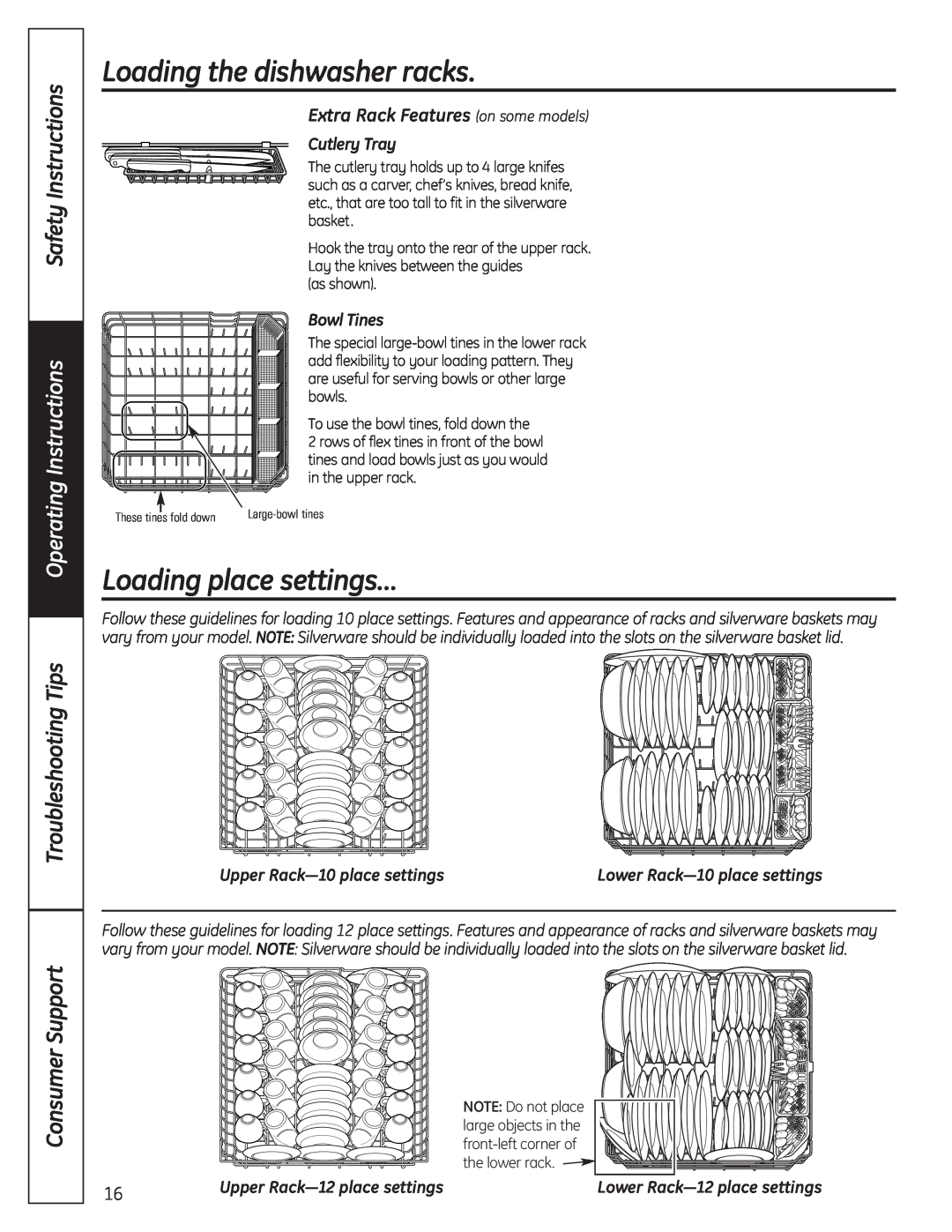GE 165D4700P389 49-55065 07-09 JR Loading place settings…, Extra Rack Features on some models, Cutlery Tray, Bowl Tines 