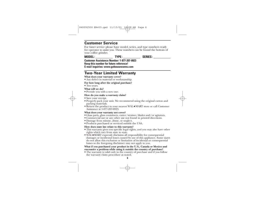 GE 168940 manual Customer Service, Two-Year Limited Warranty, Model Type Series 