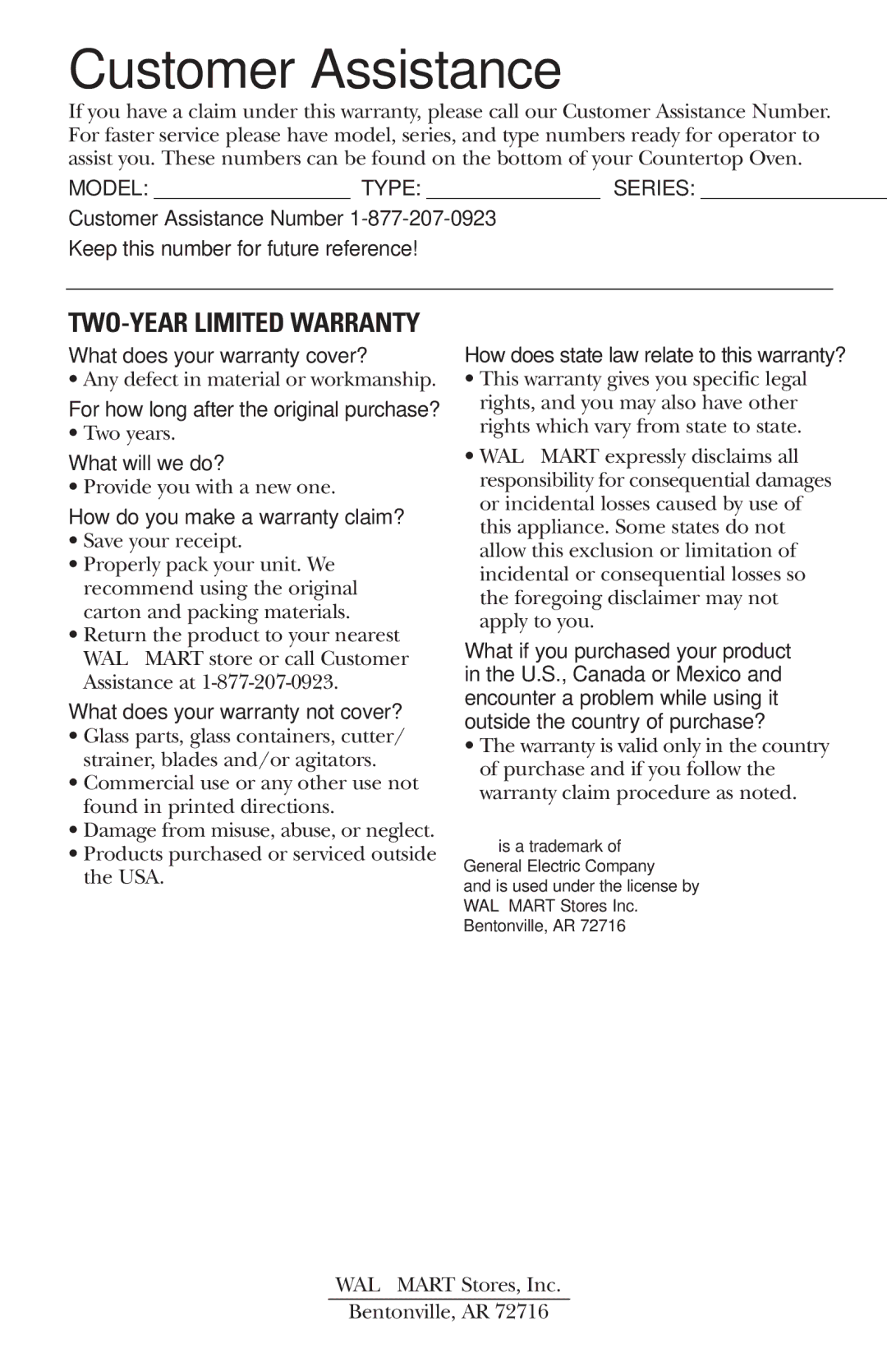 GE 168947 manual Customer Assistance, TWO-YEAR Limited Warranty 