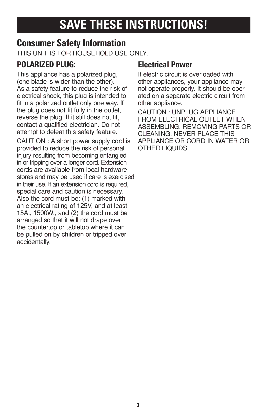 GE 168947 manual Consumer Safety Information, Polarized Plug 