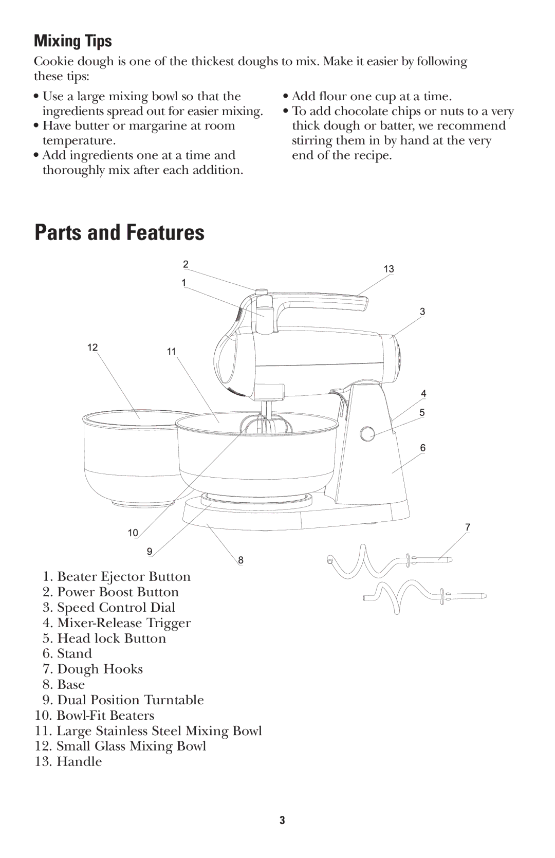 GE 681131689496 manual Parts and Features, Mixing Tips 