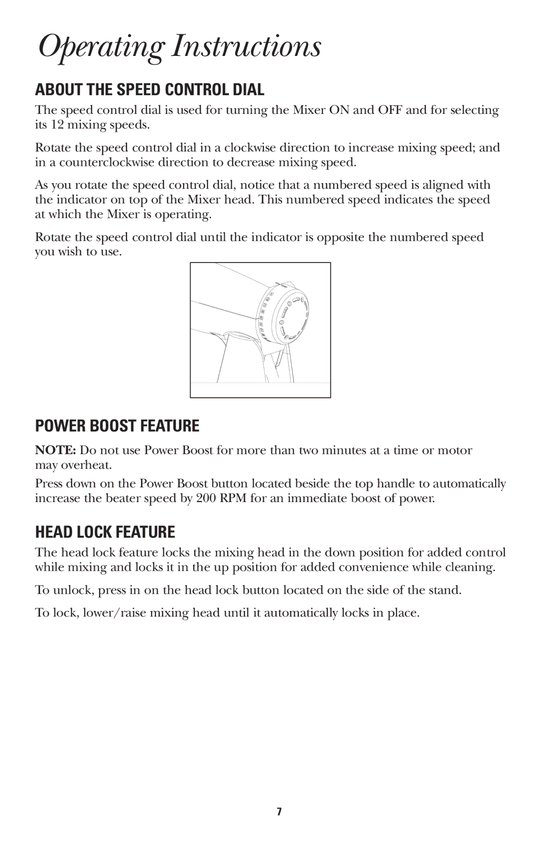 GE 681131689496 manual Operating Instructions, About the Speed Control Dial, Power Boost Feature, Head Lock Feature 