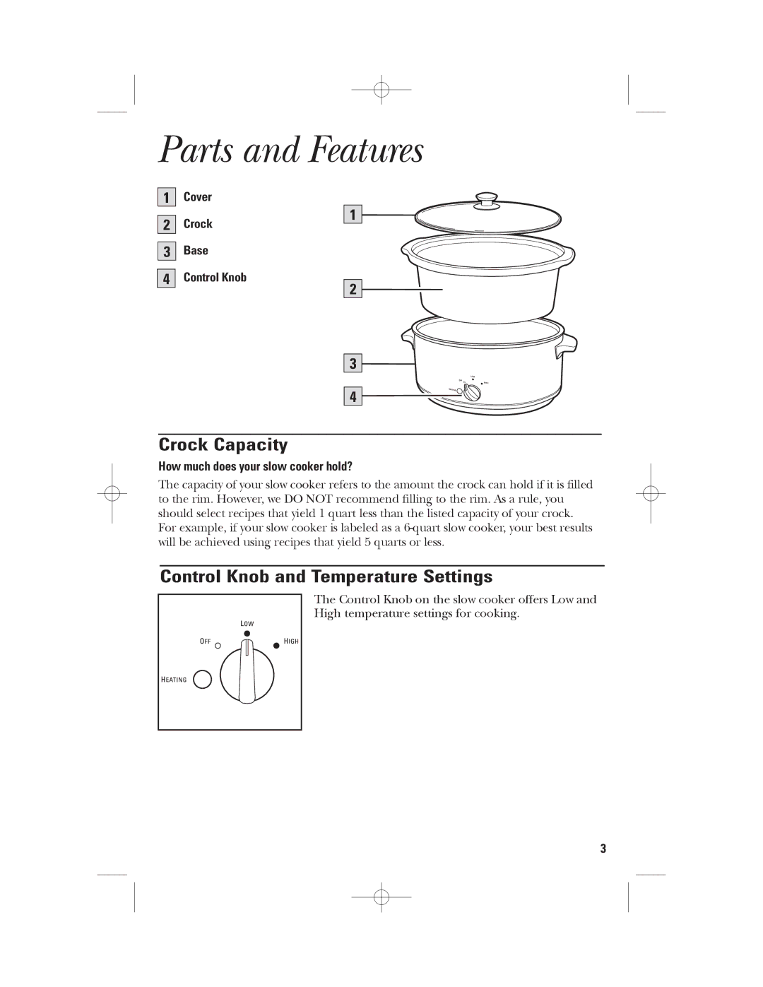 GE 169016 manual Parts and Features, Crock Capacity, Control Knob and Temperature Settings, Cover Crock Base Control Knob 