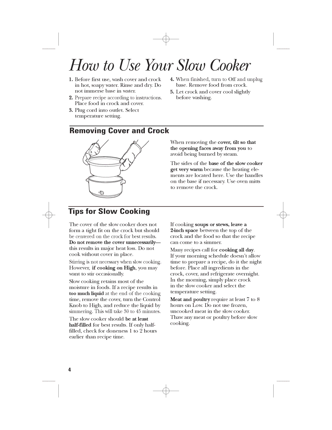 GE 169016 How to Use Your Slow Cooker, Removing Cover and Crock, Tips for Slow Cooking, If cooking soups or stews, leave a 