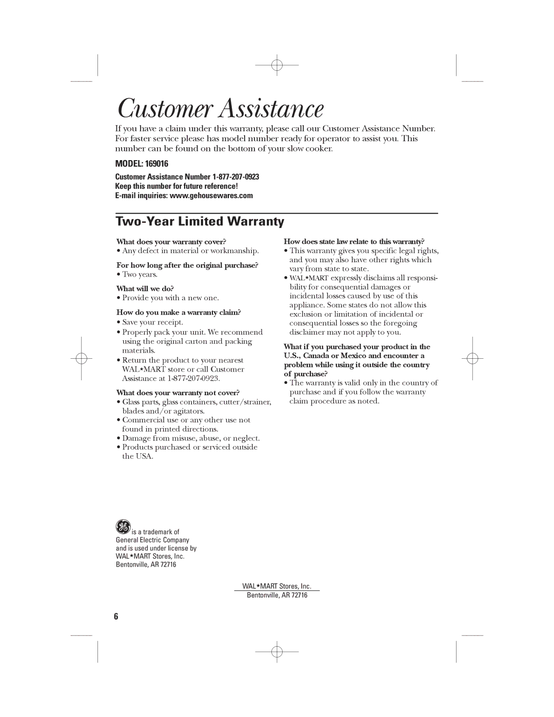 GE 169016 manual Customer Assistance, Two-Year Limited Warranty, Model 