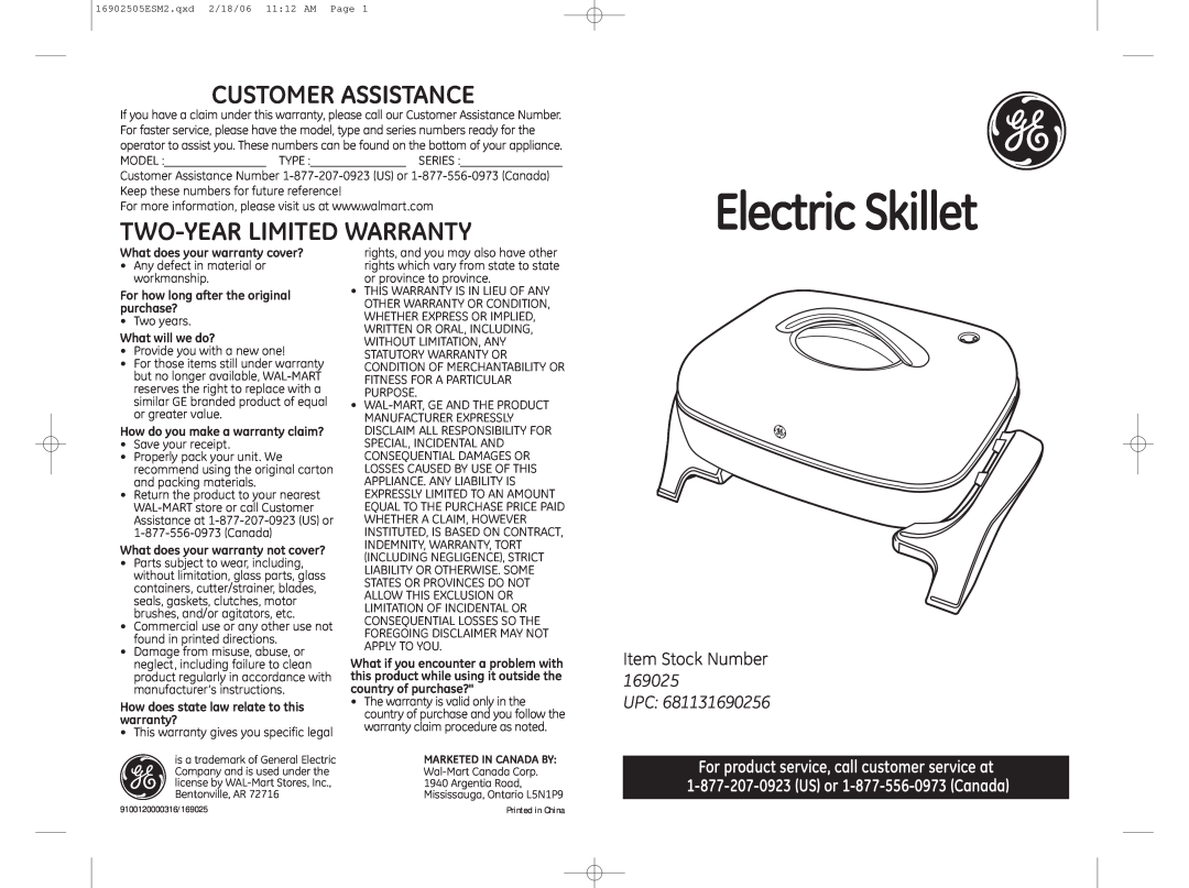 GE 681131690256 warranty ElectricSkillet, Customer Assistance, Two-Yearlimited Warranty, Item Stock Number, 169025 UPC 
