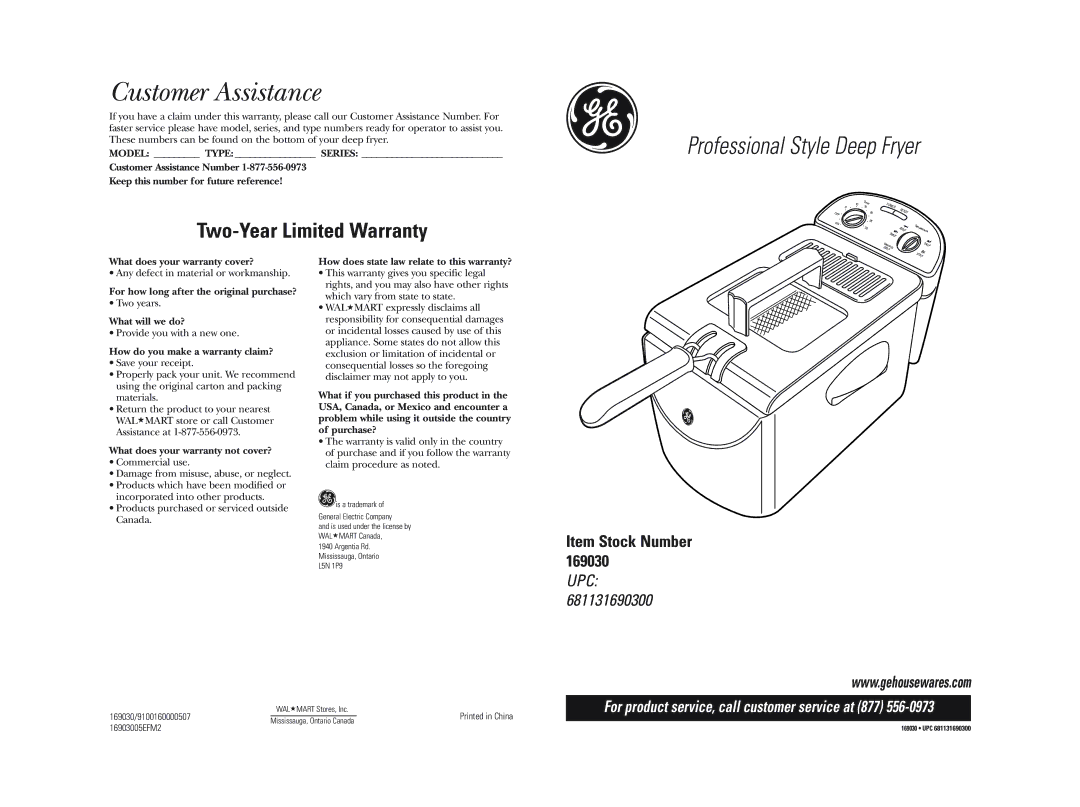 GE 681131690300 warranty Customer Assistance, Professional Style Deep Fryer 