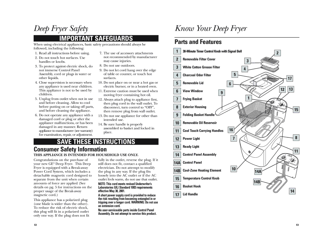GE 681131690300 warranty Deep Fryer Safety, Know Your Deep Fryer, Power Light Ready Light Control Panel Assembly 