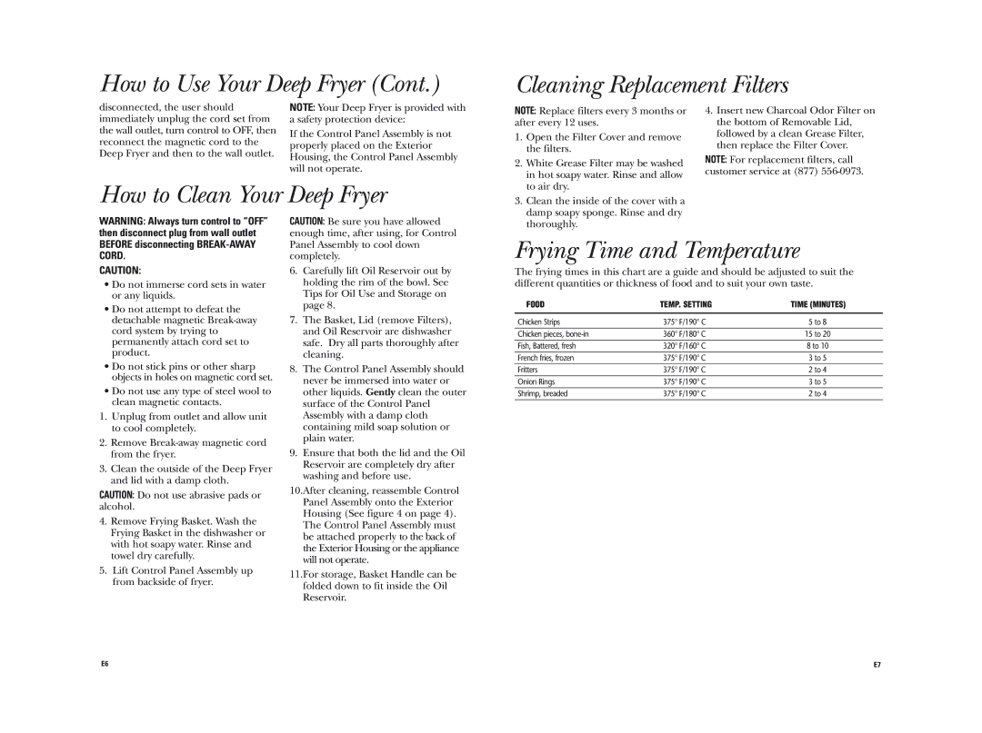 GE 169030 How to Use Your Deep Fryer Cleaning Replacement Filters, How to Clean Your Deep Fryer, Food TEMP. Setting 