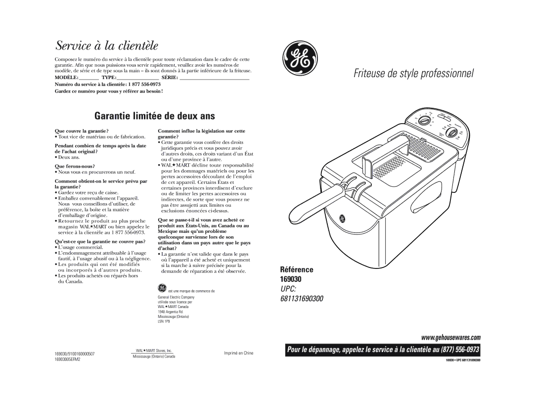 GE 681131690300 warranty Service à la clientèle, Friteuse de style professionnel 